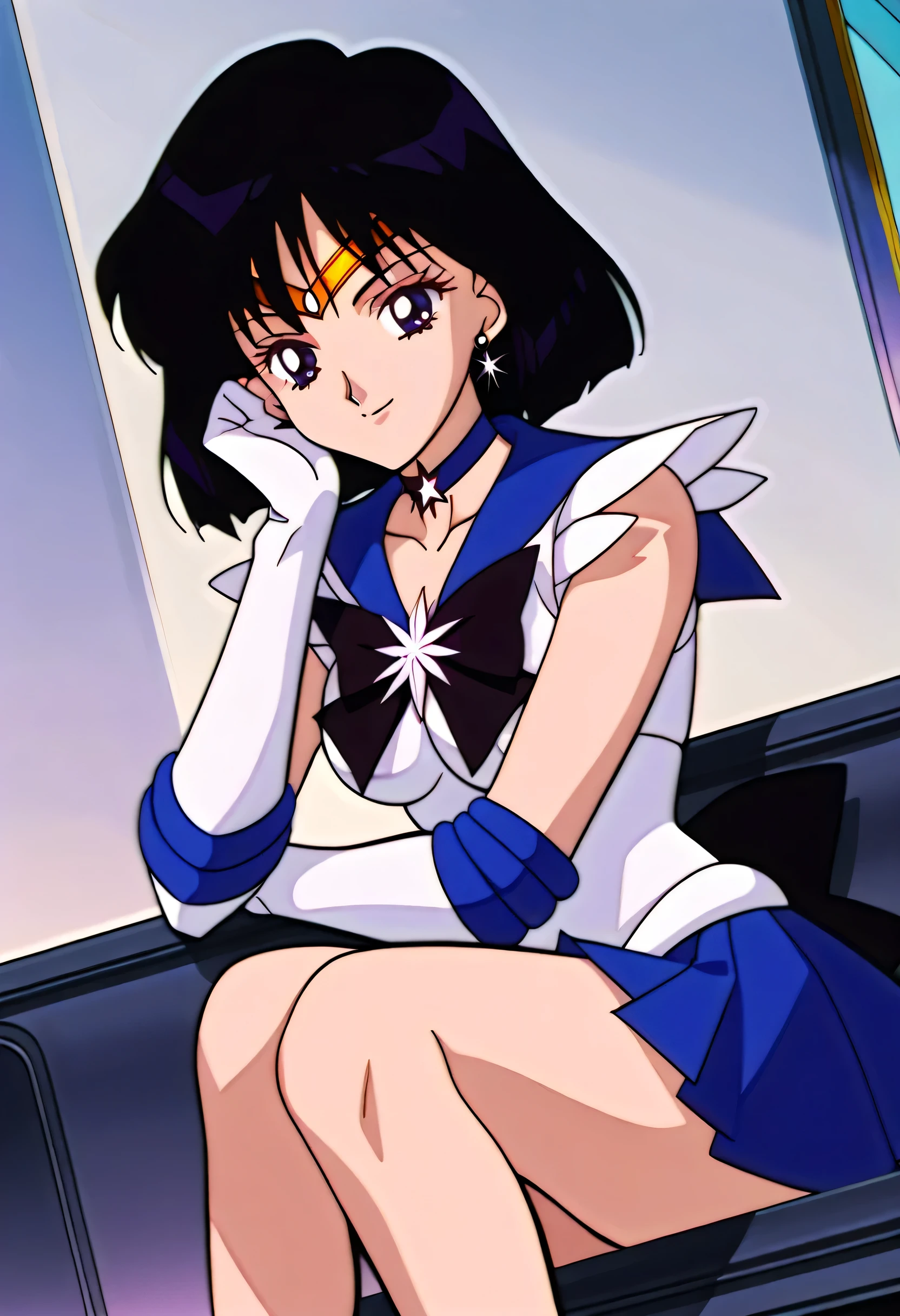 score_9, score_8_up, score_7_up, source_anime, hotaru tomoe, short hair, black hair, black eyes,, skirt, gloves, bow, jewelry, pleated skirt, earrings, choker, elbow gloves, white gloves, sailor collar, star (symbol), magical girl, tiara, brooch, purple skirt, back bow, sailor senshi uniform, star choker, purple sailor collar, star brooch, sailor saturn, indoors, smile, looking at viewer, solo, sitting, head rest,, cowboy shot, dutch angle