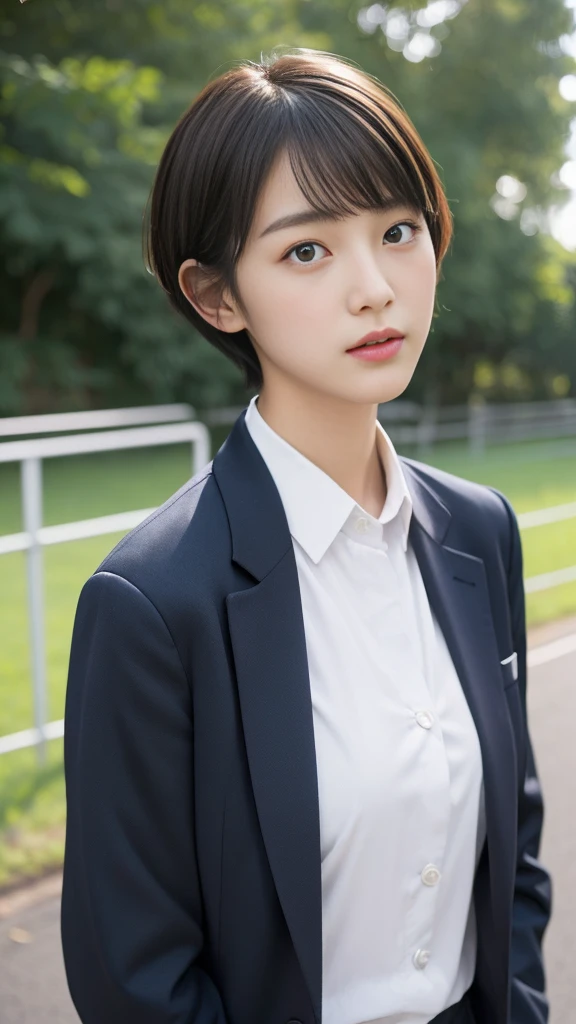 woman、high school student、Japanese high school blazer uniform、((((Center parted very short hair)))), Background is the bedroom、boyish、The background is the school gate.、Slanted Eyes、Beauty、Large Breasts、High image quality、masterpiece、Looking at this、solo、Anatomically correct、High resolution, Ultra high definition, Textured skin, suit、Front shot、Looking at the camera、まっすぐに立ってLooking at this、