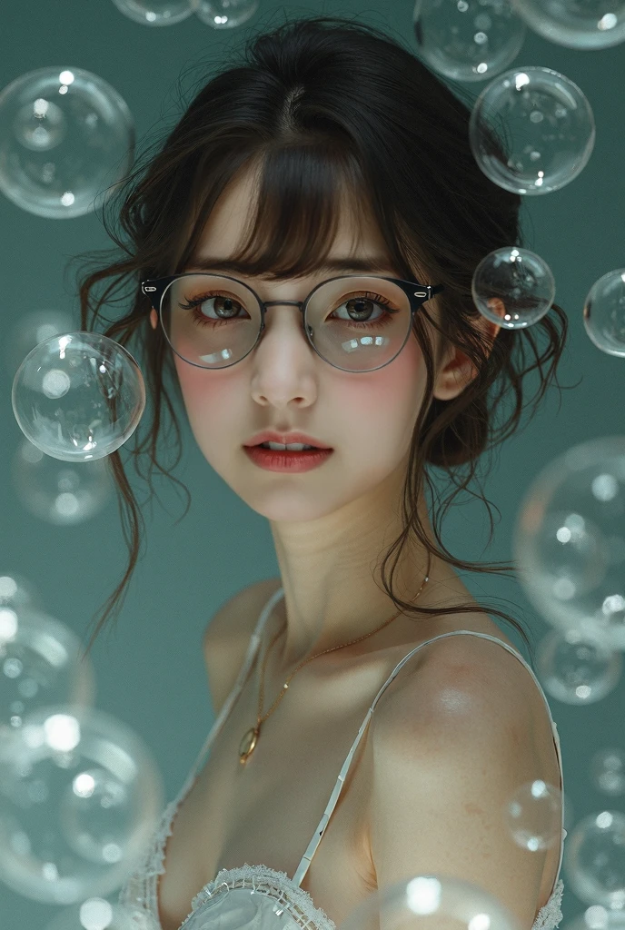 Best Quality、masterpiece、High sensitivity、High resolution、Detailed Description、Delicate facial depiction、Slender women、Glasses、Soap bubbles、