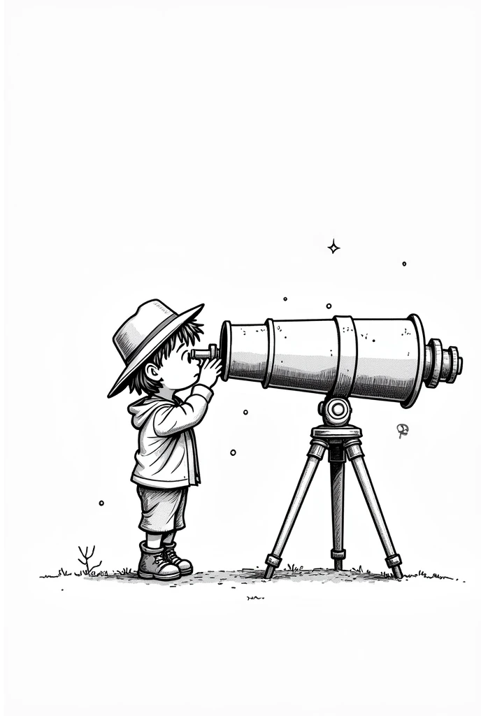 Telescope: A character discovering something far off, like a new planet or distant stars. Cartoon drawing, with shading, drawing like a mangga, black and white, the boy wearing a hat, no background 