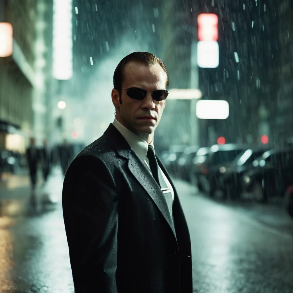      .  Cinematic film still, Agent Smith in suit and sunglasses standing in the rain,street, The Matrix Style, shallow depth of field, vignette, highly detailed, high budget, bokeh, cinemascope, moody, epic, gorgeous, film grain, grainy, big street, rainy night, wide shot