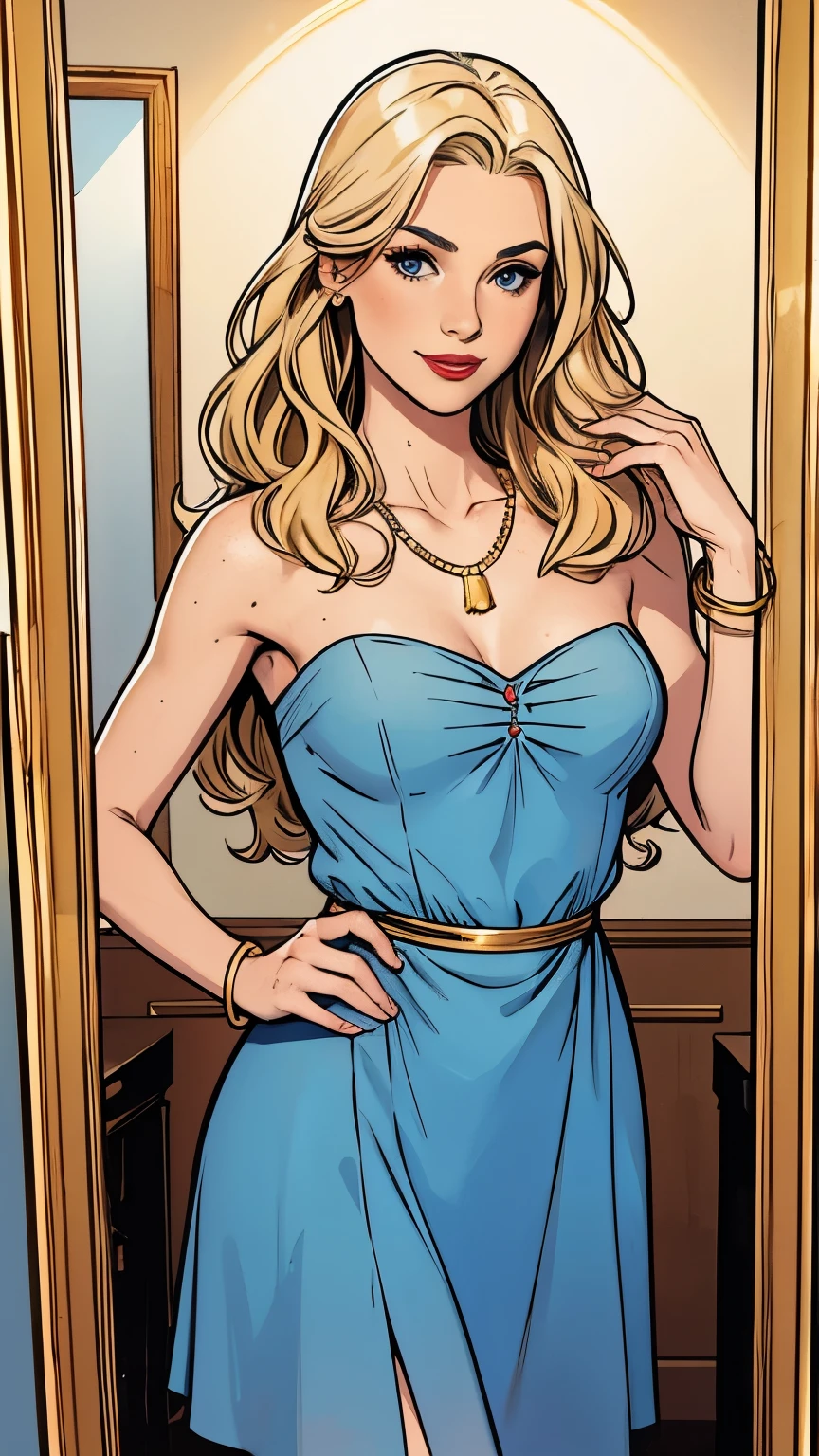 Woman, Americana, Age 30, pale skin and freckles, gray eyes, delicate nose, soft and delicate lips, far away, blondie far away and wavy waist length hair, sweet smile, face with delicate feminine facial features, highly rendered, strapless BLUE navy short size, gold necklace and bracelet, putting red lipstick on your lips, all in front of a mirror, night ballad, Dynamic poses, modelshot