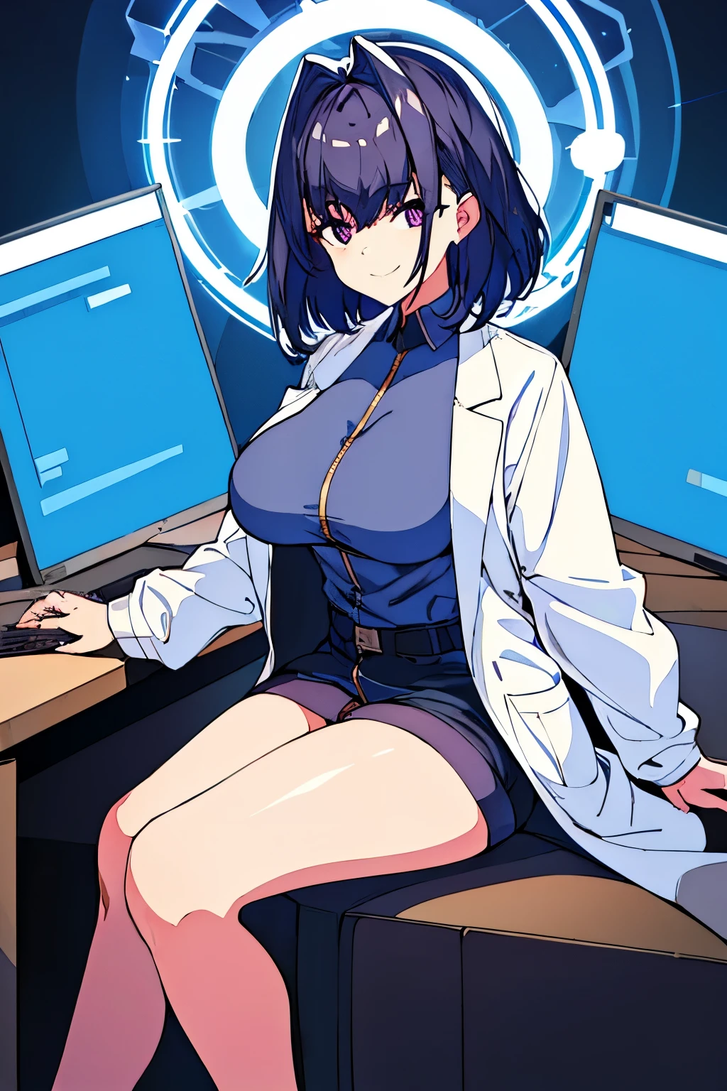 1girl, short dark blue hair, large breast, smiling, ((wearing white lab coat, sitting)), absurdres, high res, ultrasharp, 8K, masterpiece:1.4, illustrations, vivid colors, warm tones, studio lighting
