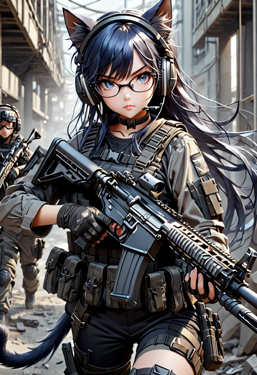 8K Ultra High-Quality, ultra-detailed, High quality, Dark Blue hair, Long hair, Headset, Goggles, cat girl, Grey Tactical clothes, Military clothes, black spandex under clothes, body harness, Looking at viewer, choker, glasses, missing fingers gloves, assault rifle m16, holding assault rifle, full body, close up, side view, looking away from viewer, cat tail,