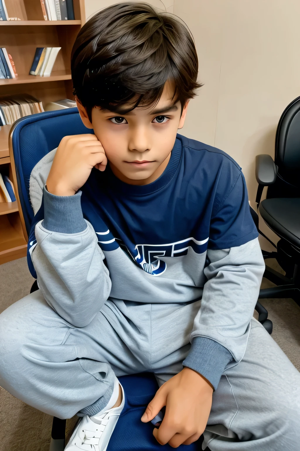 Arafed boy sitting on a chair in a room with a book shelf - SeaArt AI