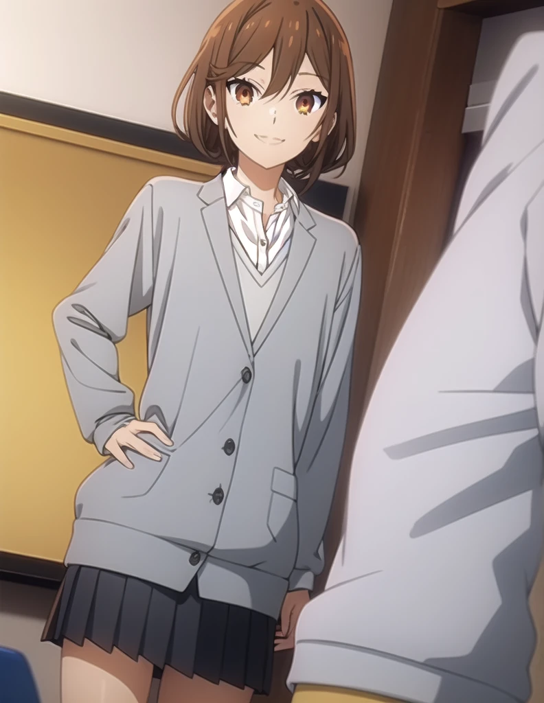 Score_9, Score_8_up, Score_7_up, sauce_anime,
Kyoukohori,  Kyouko Hori, Short Hair, Brown eyes, Brown Hair, Hair between the eyes,
shirt, uniform, jacket, collared shirt, blazer, sweater, grey sweater, white shirt, black blazer, skirt, black skirt,
indoor, classroom, smile, Slouching cowboy shot, looking at viewersolo, Dutch Angle,