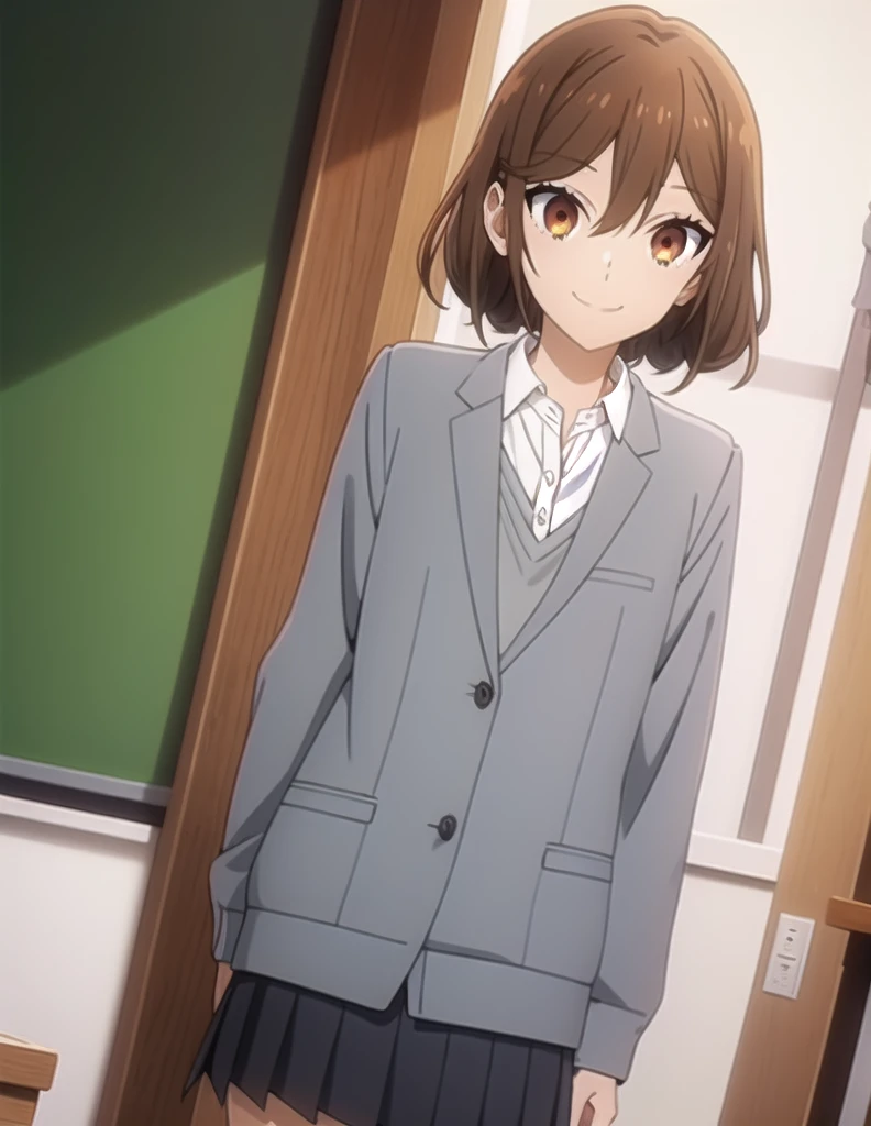 Score_9, Score_8_up, Score_7_up, sauce_anime,
Kyoukohori,  Kyouko Hori, Short Hair, Brown eyes, Brown Hair, Hair between the eyes,
shirt, uniform, jacket, collared shirt, blazer, sweater, grey sweater, white shirt, black blazer, skirt, black skirt,
indoor, classroom, smile, Slouching cowboy shot, looking at viewersolo, Dutch Angle,