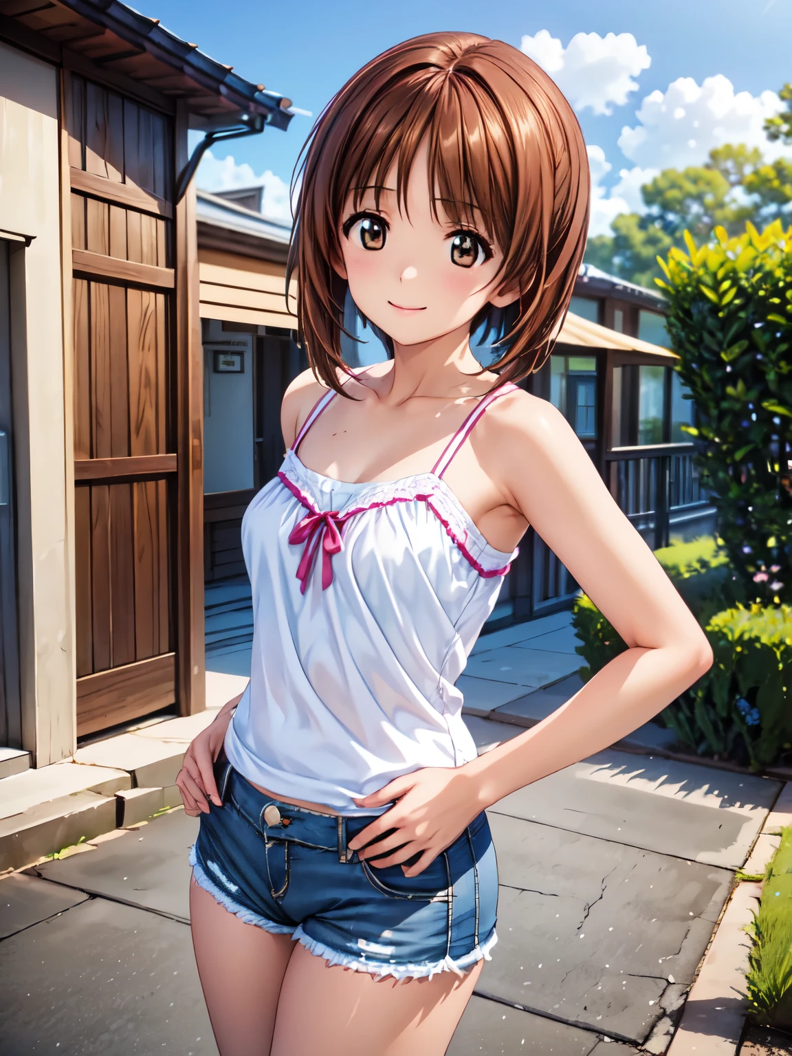 masterpiece,smile、 Best Quality, 1 girl, Best Quality、smile, Perfect in every detail, Alone, 1 girl, Smiling cutely、Miho、 Tank tops、camisole、Shorts、 (Genuine、Realistic、Realistic:1.5)、High resolution、超High resolution、Ultra-fine painting、Sharp focus、Physically Based Rendering、Hands are behind my back、,Cowboy Shot,Leaning forward