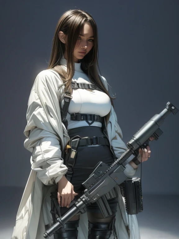 Highest quality、Amazing details、Ultra-high resolution、（realism：1.4）、（（close：0.75））、One woman is very condensed、Beautiful and delicate face、Perfect Proportions、Narrow your target audience、Large Breasts）、Brown Hair、（White Tech Suit）、（Cyborg vs. police uniform、、、Black and grey mech、Military Harness、RPG-7、Hitch Tech Flamethrower Tank Transport）、The background is a simple grey wall、