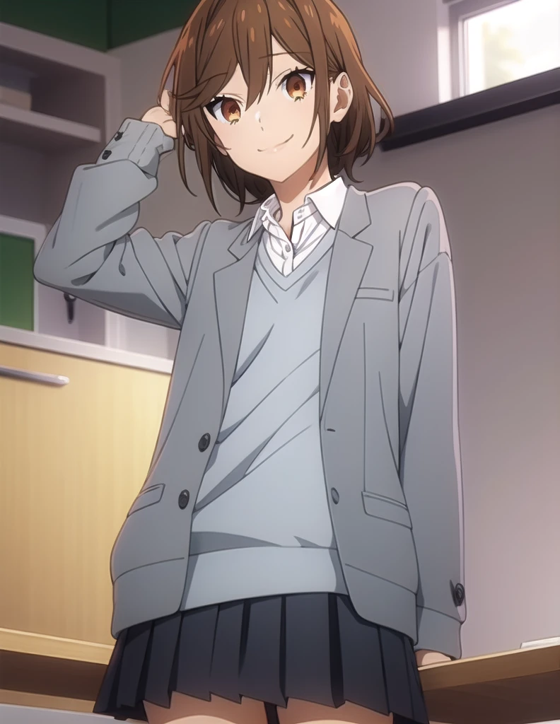 Score_9, Score_8_up, Score_7_up, sauce_anime,
Kyoukohori,  Kyouko Hori, Short Hair, Brown eyes, Brown Hair, Hair between the eyes,
shirt, uniform, jacket, collared shirt, blazer, sweater, grey sweater, white shirt, black blazer, skirt, black skirt,
indoor, classroom, smile, Slouching cowboy shot, looking at viewersolo, Dutch Angle,