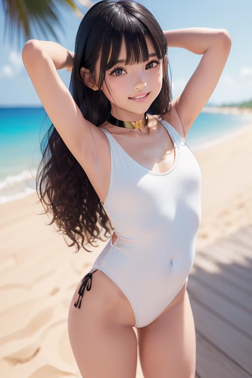 Girl posing for a photo, ((One Girl)), ((Baby Face:1.6)), ((cute:1.6)),  
break 

#((Shiny black micro bikini:1.4)), 
((White high leg one piece swimsuit)), 
(gold fancy bracelet:1.3), (Black choker:1.3), 
break 

((Black Hair:1.4)), (((Very long side bangs:1.4)), ((Long Hair) : (Voluminous Hair) + (Curly hair) + (Natural curls)), 
(boyish), (Flat chest without any bulges:1.2), (Small breasts:1.2), 
break 

((noon, Tropical sandy beach, I can see the blue sky and the blue sea)), 
((Laughing with your mouth open:1.3)), ((blush)), ((Embarrassed expression)), 
((Lean your body back、Full of confidence、Powerful standing pose)), (((Put your hands together above your head:1.4)、I can see the side)), 
((Angle from the front)), ((Character Focus)), ((Cowboy Shot)), 
break 

(Slim figure), (Symmetrical facial features), 
(Detailed Hair), (Beautiful Hair),  
(Glossy Lips), (Beautiful Lips), 
break 

(((Best Quality)), ((masterpiece:1.3)), ((Very detailed))), ((Ultra-high resolution)), ((16k)), ((1080P)), ((Full HD)), 
((Realistic)), 
(RAW Photos), (Depth of written boundary), 
