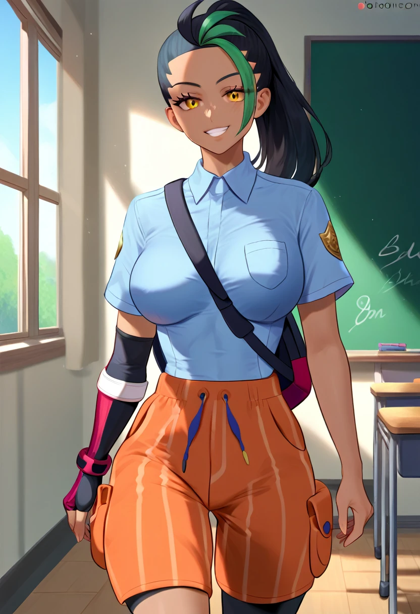 (masterpiece), (Best quality), (Very detailed), (high resolution), (8Khighres), (cel anime), (detailed beautiful face and eyes), (textile shading), (cowboy shot), (classroom), Nemona \(Pokemon\), black hair, green hair, orange eyes, dark skin, multicolored hair, two-tone hair, hair pulled back, collared shirt, fingerless gloves, orange shorts, backpack, beautiful breasts, walking, smile,,