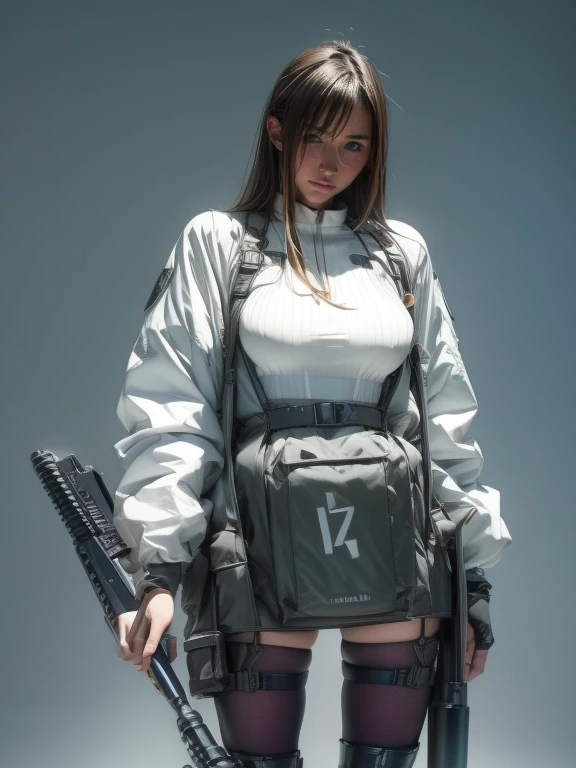 Highest quality、Amazing details、Ultra-high resolution、（realism：1.4）、（（close：0.75））、One woman is very condensed、Beautiful and delicate face、Perfect Proportions、Narrow your target audience、Large Breasts）、Brown Hair、（White Tech Suit）、（Cyborg vs. police uniform、、、Black and grey mech、Military Harness、RPG-7、Hitch Tech Flamethrower Tank Transport）、The background is a simple grey wall、