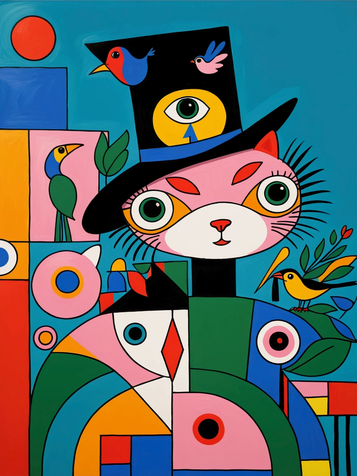 in the style of Thierry Noir（artist），
a painting with a funny looking cat with a hat holding a red bird , in the style of de stijl, playful cartoons, monumental figures, vivid birdlife, maquette, fine lines, childlike innocence 