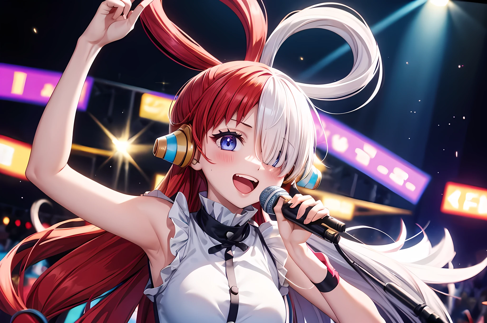 Masterpiece, Best Quality, 8k, Ultra-high resolution, Best Quality, Anime Style, Best Lighting, Beautiful face, The best finger, The best hand, Optimal Eye, Beautiful Makeup, (Captivating eyes:1.3) masterpiece、Best Quality、High Resolution、1 girl、1 girl、The best smile、Having fun、Laughing with your mouth open、(Wink:1.2)、(sing:1.3)、Hold the microphone、on stage、(Live Performance Venues:1.3)、blush、Split color hair、Hair over one eye、Red and white hair、Multicolored Hair、Long Hair、Hair Ring、Gray Hair、bangs、Medium Bust、upper body