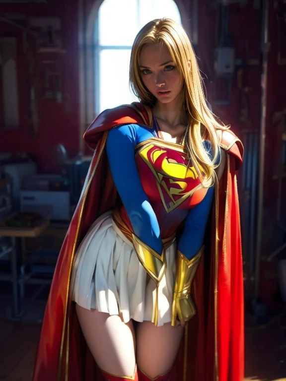 (Best Quality, The masterpieces are not organized)),One Girl:1.3, Alone:1.3,Beautiful woman,青い表現的な目Beautiful woman,Long blonde hair, 21 years, Alone, One Girl,Hourglass Shaped Body,Huge breasts, Defined Body, Superman Cosplay Costume((Supergirl Cosplay Bodysuit, skirt (From waist to mid-thigh)supergirl, Supergirl Short Red Cape)), Bright colors