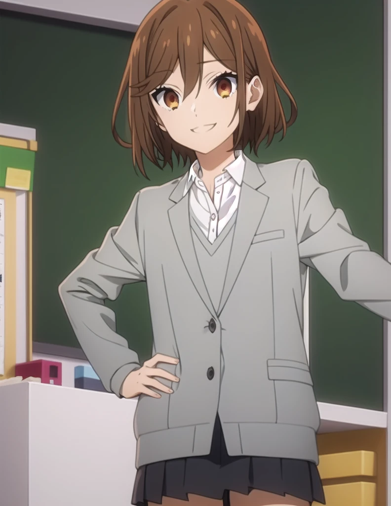 Score_9, Score_8_up, Score_7_up, sauce_anime,
Kyoukohori,  Kyouko Hori, Short Hair, Brown eyes, Brown Hair, Hair between the eyes,
shirt, uniform, jacket, collared shirt, blazer, sweater, grey sweater, white shirt, black blazer, skirt, black skirt,
indoor, classroom, smile, Slouching cowboy shot, looking at viewersolo, Dutch Angle,