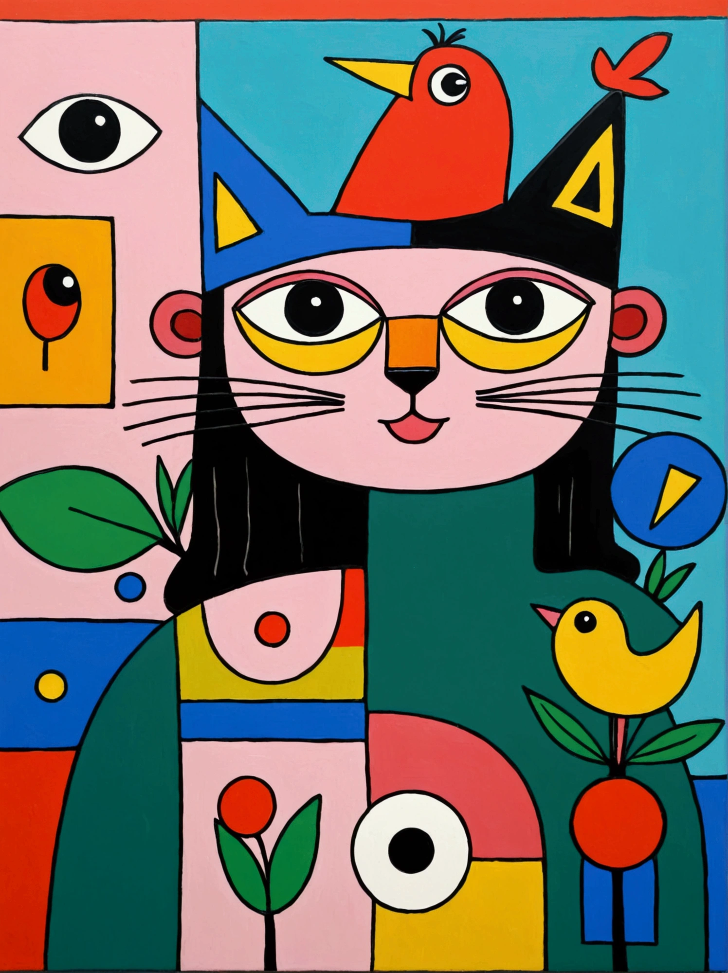 in the style of Thierry Noir（artist），
a painting with a funny looking cat with a hat holding a red bird , in the style of de stijl, playful cartoons, monumental figures, vivid birdlife, maquette, fine lines, childlike innocence 