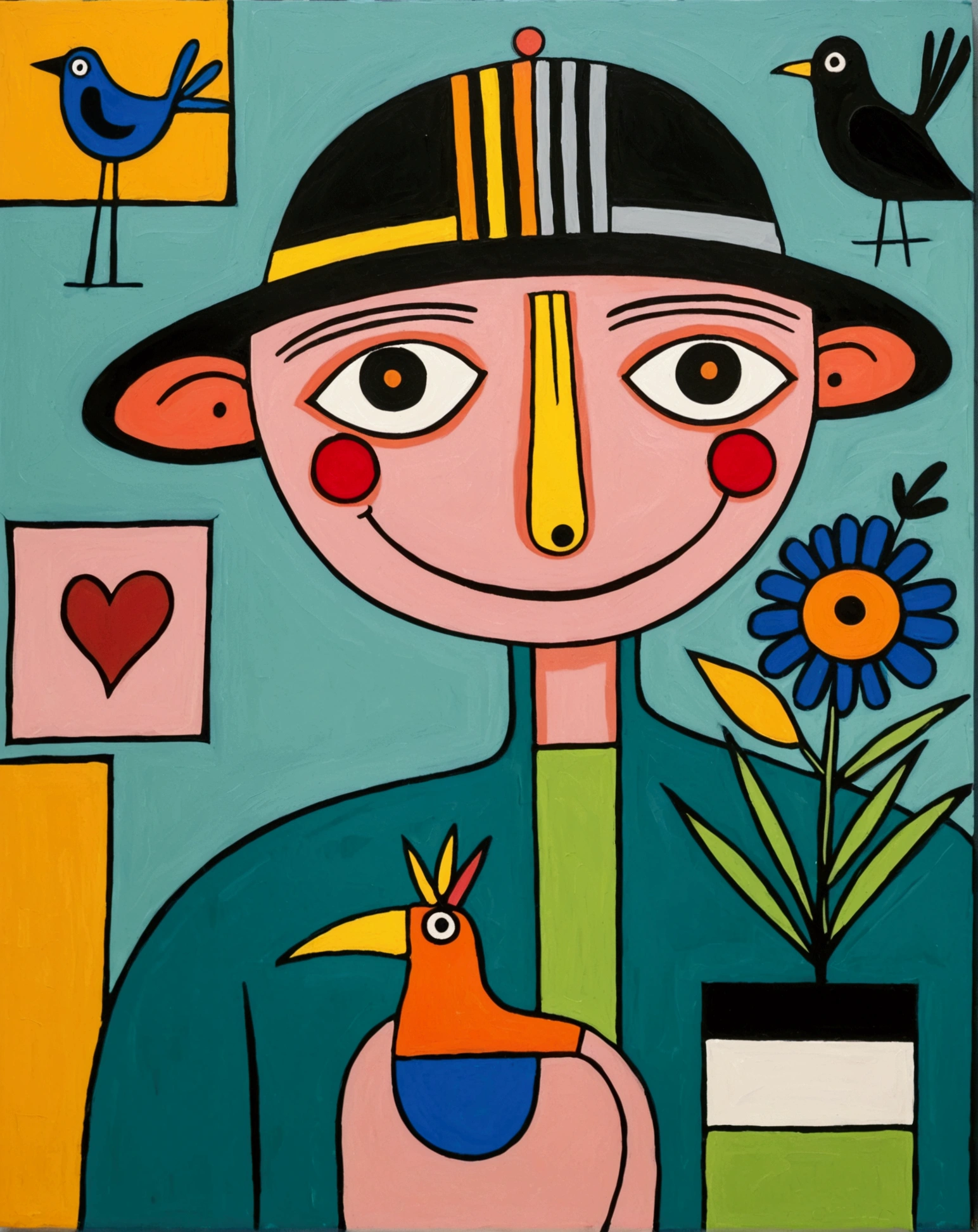 in the style of Thierry Noir（artist），
a painting with a funny looking cat with a hat holding a red bird , in the style of de stijl, playful cartoons, monumental figures, vivid birdlife, maquette, fine lines, childlike innocence 