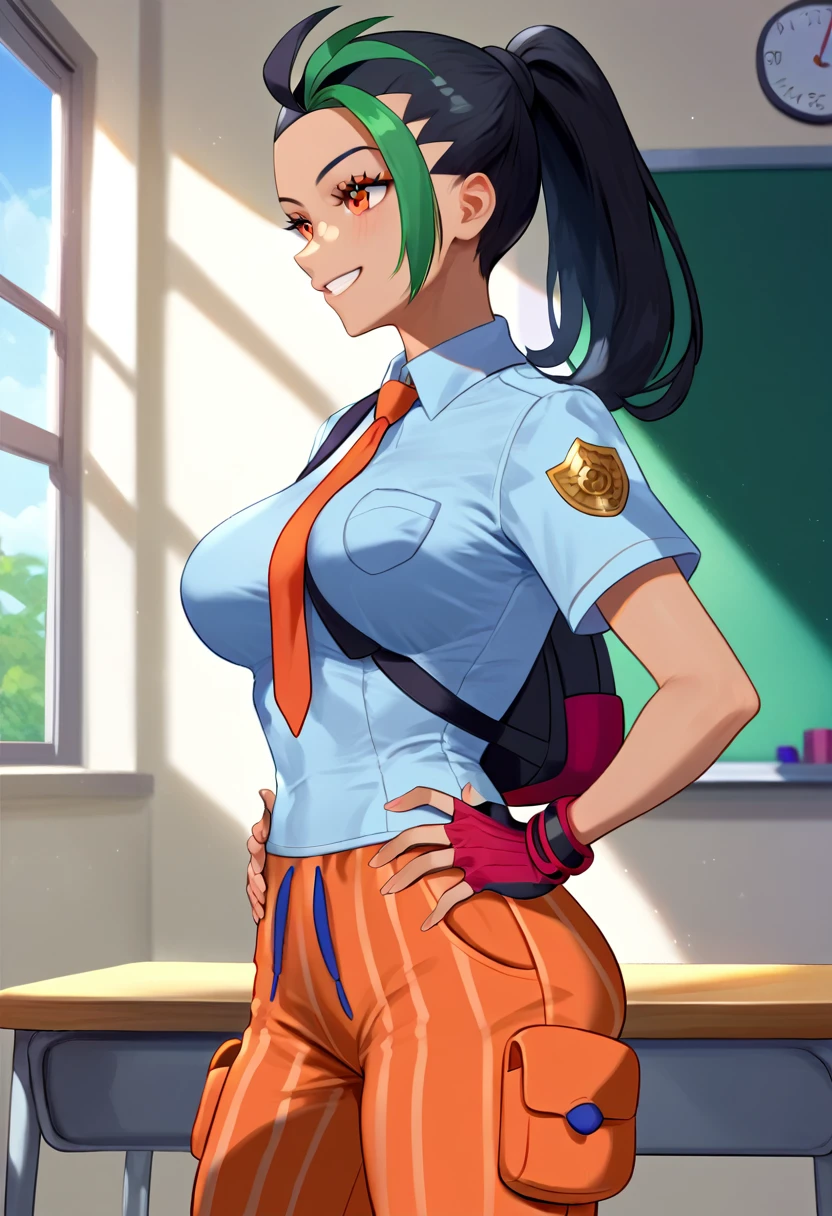 (masterpiece), (Best quality), (Very detailed), (high resolution), (8Khighres), (cel anime), (detailed beautiful face and eyes), (textile shading), (cowboy shot), (classroom), Nemona \(Pokemon\), black hair, green hair, orange eyes, dark skin, multicolored hair, two-tone hair, hair pulled back, collared shirt, fingerless gloves, orange shorts, orange tie, backpack, beautiful breasts, smile, from side, put hands on hips,,