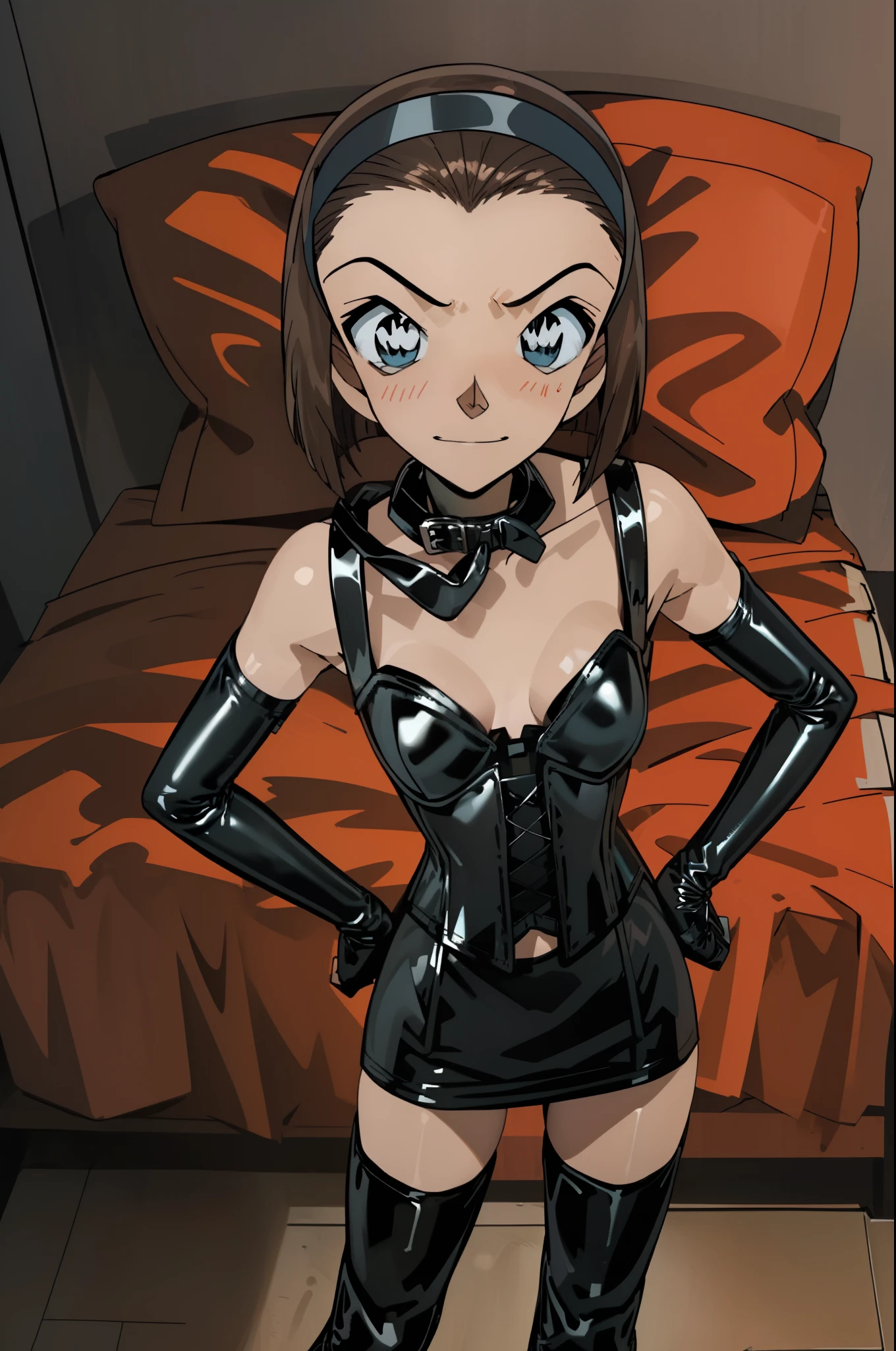 Yankee sitting、Poop sitting、((open legs:1.4)))、(((Wide-leggedでしゃがむ)))、(((Squat with your legs spread in an M-shape)))、BDSM、Queen、mistress、(((One girl)))、(((solo:1.8)))、(((Black latex elbow gloves:1.4 )))、(((Black latex corset dress:1.4)))、(((The corset dress is decorated with beautiful lace.)))、(((Corset dress with shoulder straps)))、(((Black latex tight mini skirt:1.4)))、(((Black thigh-high boots:1.4)))、(((Black rubber tights:1.4)))、(((Stiletto heel boots:1.4)))、(((Black latex high leg panties)))、(((Black latex bra)))、(((Black leather collar)))、(((Sexy pose:1.4 )))、Wide-legged:1.2、(((Erotic)))、(((Cowboy Shot)))、Close-up、(((Place your hands on your hips)))、Beautiful eyes with highlights、Beautiful, smooth skin、Two perfect anatomical arms、Two perfect anatomical legs、(Four perfect fingers and one thumb)、((masterpiece)), (8k, Expensive_solve), (Clear_image), ((1 girl, Alone)),  (Best Quality), (Detective Conan\(style\), Detective Conan), Alone, Beautiful eyes and a beautiful face, Cowboy Shot ,((1 girl, Alone)), (short hair, Hairbands, amount), (amountを出す)、((Brown Hair))、Anatomically perfect body、Two hands with perfect anatomy、Two perfect anatomical legs、Perfect Fingers、Detailed face、detailed eyes、bedroom、Plump Cheeks、Oval face contour、(((Gazing at the viewer)))、(((Wicked Smile)))、Frowning、Contempt、Cold Stare、:1.4