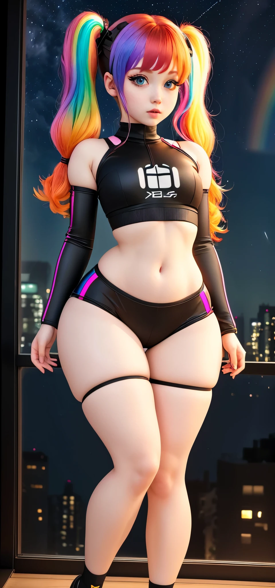 Woman body defined thick thighs cybernetic body parts, short underwear, showing ass, cute redhead 1 girl in twin tails, ((perfect female body)), (cute face make up), multiple (rainbow colored hair: 1.2), happy, Ukrainian, (petite body), ((small hips)), pale white skin, (night time:1.2), photo realistic.