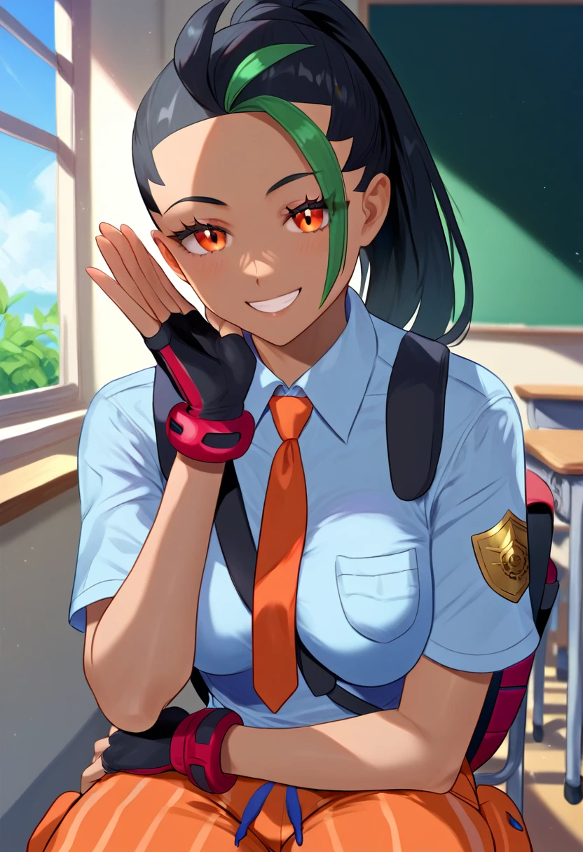 (masterpiece), (Best quality), (Very detailed), (high resolution), (8Khighres), (cel anime), (detailed beautiful face and eyes), (textile shading), (cowboy shot), (classroom), Nemona \(Pokemon\), black hair, green hair, orange eyes, dark skin, multicolored hair, two-tone hair, hair pulled back, collared shirt, fingerless gloves, orange shorts, orange tie, backpack, beautiful breasts, sitting, chair, happy, smile, waving, head rest,,