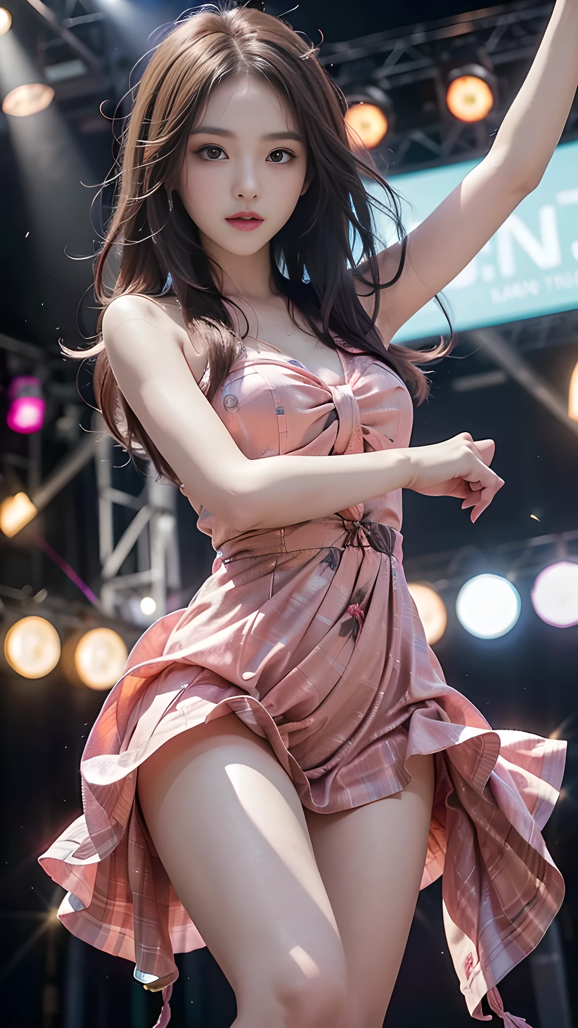(in 8K、Raw photography、Highest Quality、Photorealsitic、Professional Lighting、masterpiece、extremely delicate and beautiful、Highly detailed、finely detail、hight resolution、full-shot:3、low angles:3)、1girl in、Solo:3、Alone:3、(Miss Universe World、On the big stage、Soak up the spotlight alone、Beautiful models in Korea、Wearing a tight golden dress with a short skirt:3、Sit with your crotch open on the red steps of the stage:3、Showing off white panties on purpose:3)、Photograph the whole body:3、Large screen stage background、long legged、Open legs:2、Open the crotch 120 degrees:2、美丽的面容:2、Adult face、Realistic body、Textured skin、Gorgeous light brown hair、high-heels、Long body:3、Height is 175 centimeters、Lean proportions、Model body type、Detailed finger、extremely detailed eye and face、beautidful eyes、long eyeslashes、Raw feet、Wet lace white underwear:2、White panties visible from under the skirt:2、The shape of the woman's pubic area is clearly visible、blur backgroun、Pubic hair is visible、Exposed between the strands、witheout panties