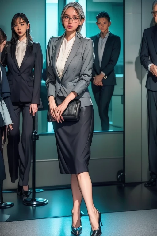 Dominant Female CEO，slim，Gray Hair，长Gray Hair，At the office，Full body portrait，Black tights，High heels，Wearing glasses，Long Row，High Target，Wearing a black suit，Short skirt