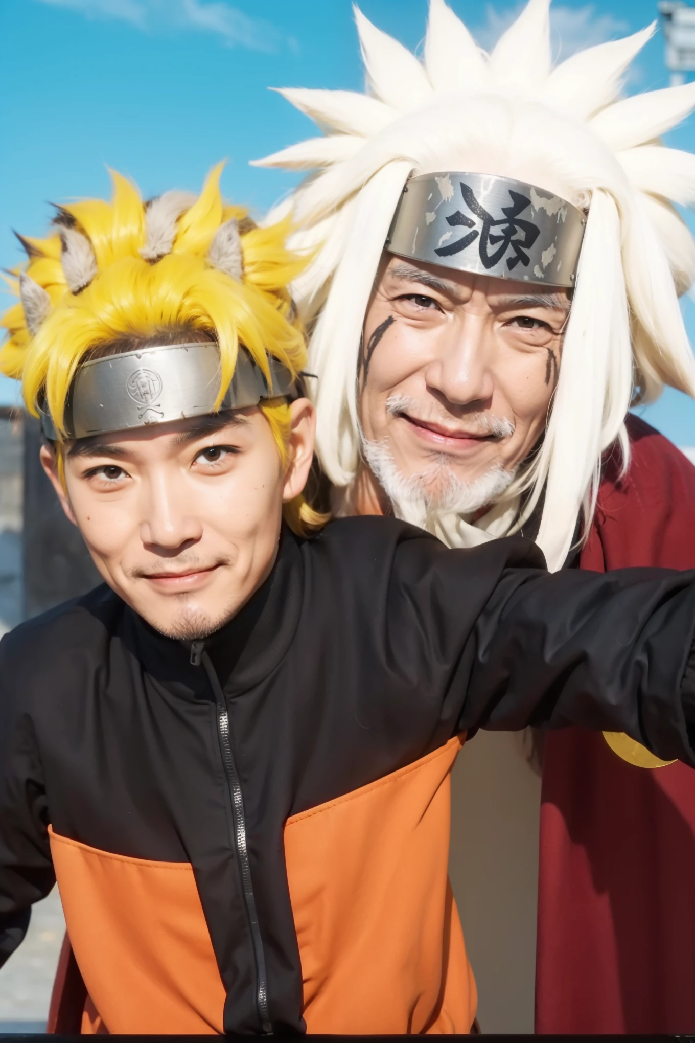 Real life adaption of this character's,(realistic detailed very messy hair),(similar big iron headband),realistic outfit,old Japanese man face ,realistic light,realistic shadow,realism,(photorealistic:1.2),realistic background,a bit smile,(realistic texture of the outfit)