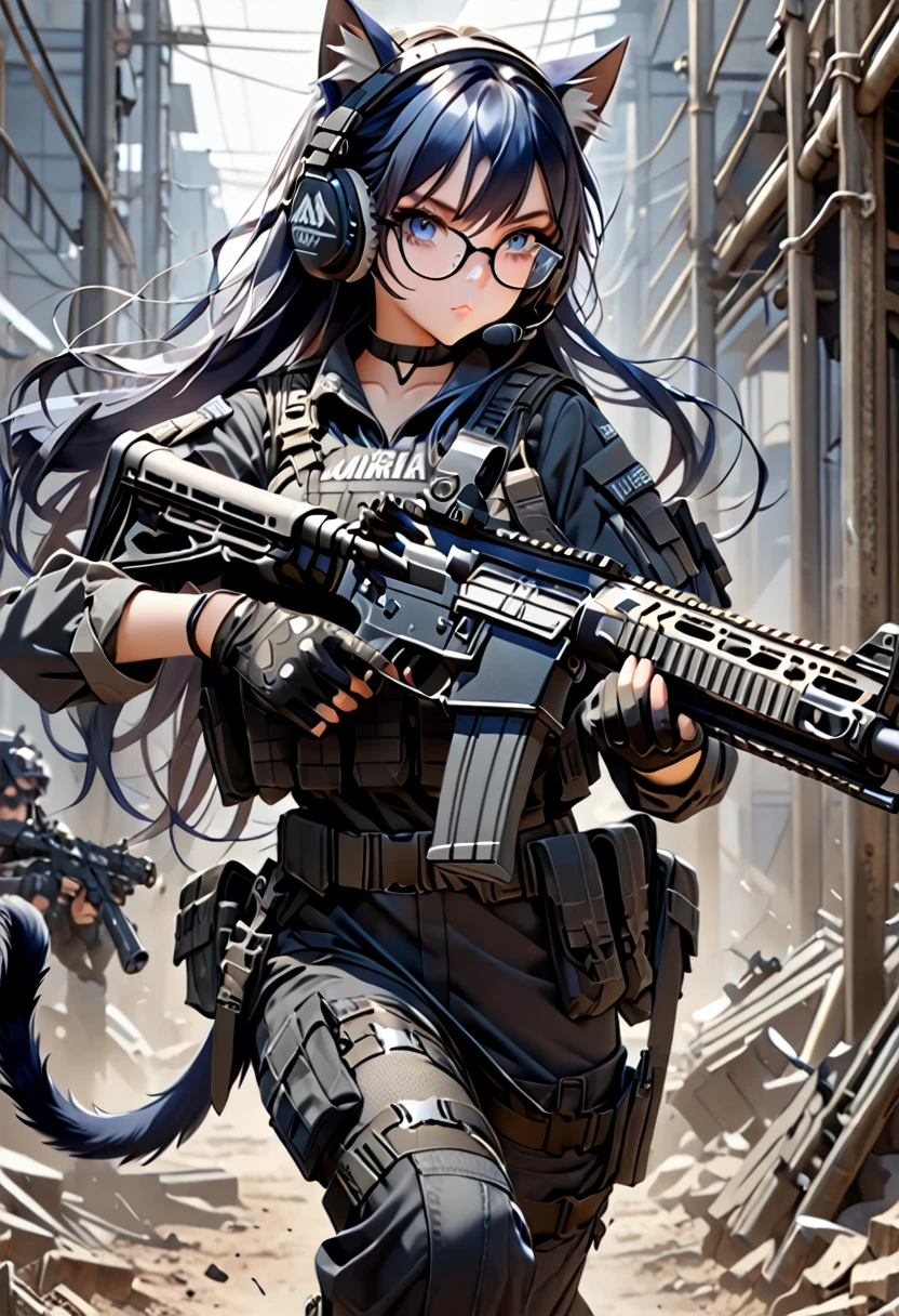 8K Ultra High-Quality, ultra-detailed, High quality, Dark Blue hair, Long hair, Headset, Goggles, cat girl, Grey Tactical clothes, Military clothes, black spandex under clothes, body harness, Looking at viewer, choker, glasses, missing fingers gloves, assault rifle m16, holding assault rifle, full body, close up, side view, looking away from viewer, cat tail,