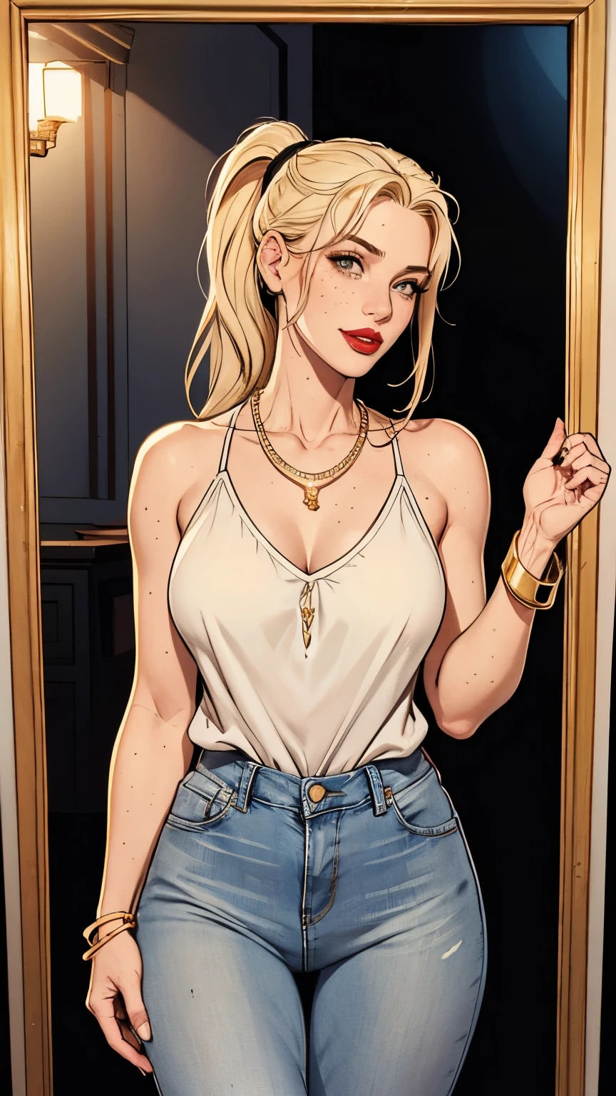 Woman, Americana, Age 30, pale skin and freckles, gray eyes, delicate nose, soft and delicate lips, far away, blondie ponytail , sweet smile, face with delicate feminine facial features, highly rendered, second-skin Black com gola alta, calça jeans, gold necklace and bracelet, putting red lipstick on your lips, all in front of a mirror, night ballad, Dynamic poses, modelshot