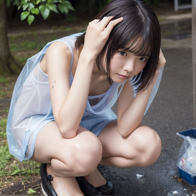 (masterpiece),(4K),(detailed photo),(high quality photo),in a heavy rain,in the park ,one japanese girl ,teenager,very very short hair,((wearing transparent raincoat )),((on loose tank top and tight hot pants )), (((wetting hair )))、no makeup ,((Small breasts))、((Flat Chest)),bending forward ,squatting 、Her breasts are visible through the gaps in her clothes,(((a glance of nipple))),(((picking up a small trash)))、Face dirty with dirt,knolling photo,top view 、Everyday Girl、Everyday excitement scenes