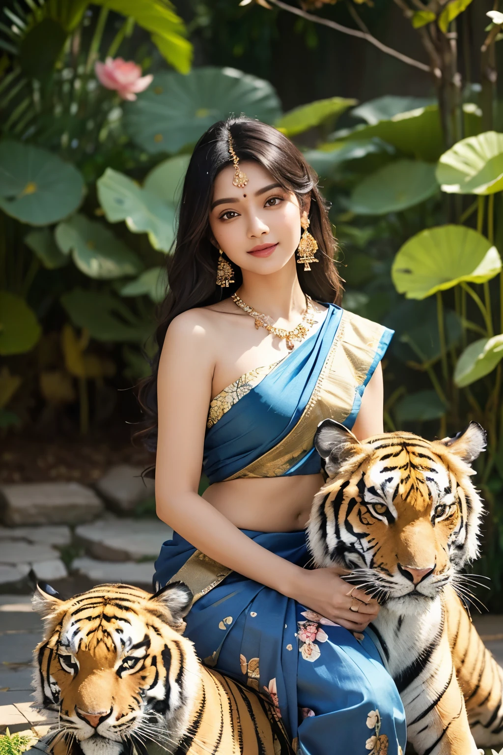 Cute image of durga mata seating on a tiger , brown skin tone and shining eyes , dark blue saree and blouse , long hairs in indian way, beautiful face , holding lotus in his hand background features is lotus garden , wearing floral jwellery in his neack, hand Smile, floral Hair Ornament,floral Jewelry, Earrings, Hair Flower, 