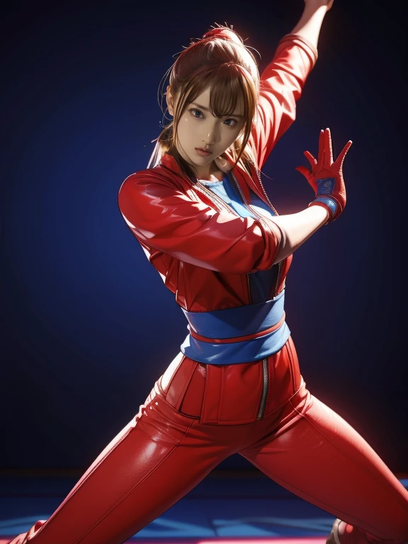 A woman in her fifties wearing red and blue clothes is posing, Fighting game characters, 3d rendering character art 8k, Asuka, As a Tekken character, King of Fighters characters, Fighter Pose, Mirabelle Madrigal&#39;s rendering, Combat pose, 3D Character Art, 8k octa-rendered photo, She&#39;s ready to fight, Fighting pose