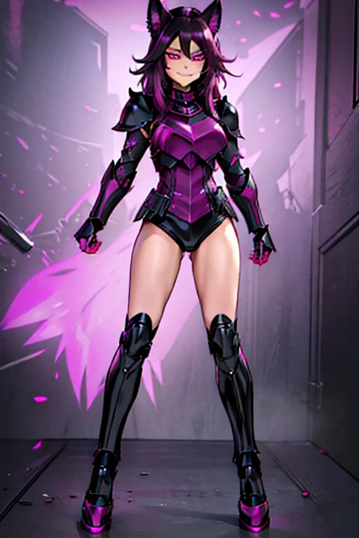 female, black long hair with magenta trim, silver eyes, wolf ears, wolf tail, (((1girl))), (((black and magenta full body metal armor))), (black clawed gauntlets), (black clawed boots), cute and sexy, full body, large breasts, long legs, smiling