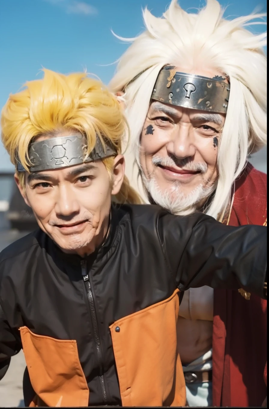 Real life adaption of this character's,(realistic detailed very messy hair),(similar big iron headband),realistic outfit,old Japanese man face ,realistic light,realistic shadow,realism,(photorealistic:1.2),realistic background,a bit smile,(realistic texture of the outfit)