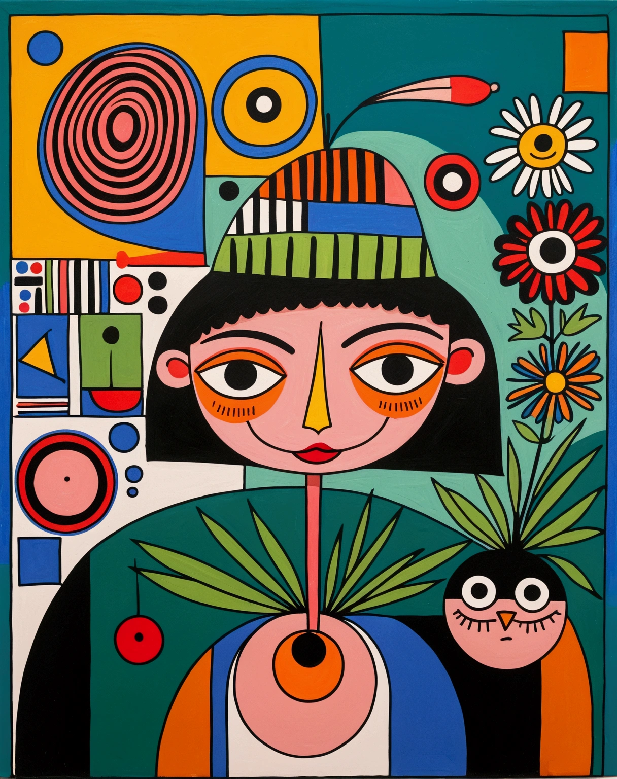 in the style of Thierry Noir（artist），
a painting with a funny looking cat with a hat holding a red bird , in the style of de stijl, playful cartoons, monumental figures, vivid birdlife, maquette, fine lines, childlike innocence 