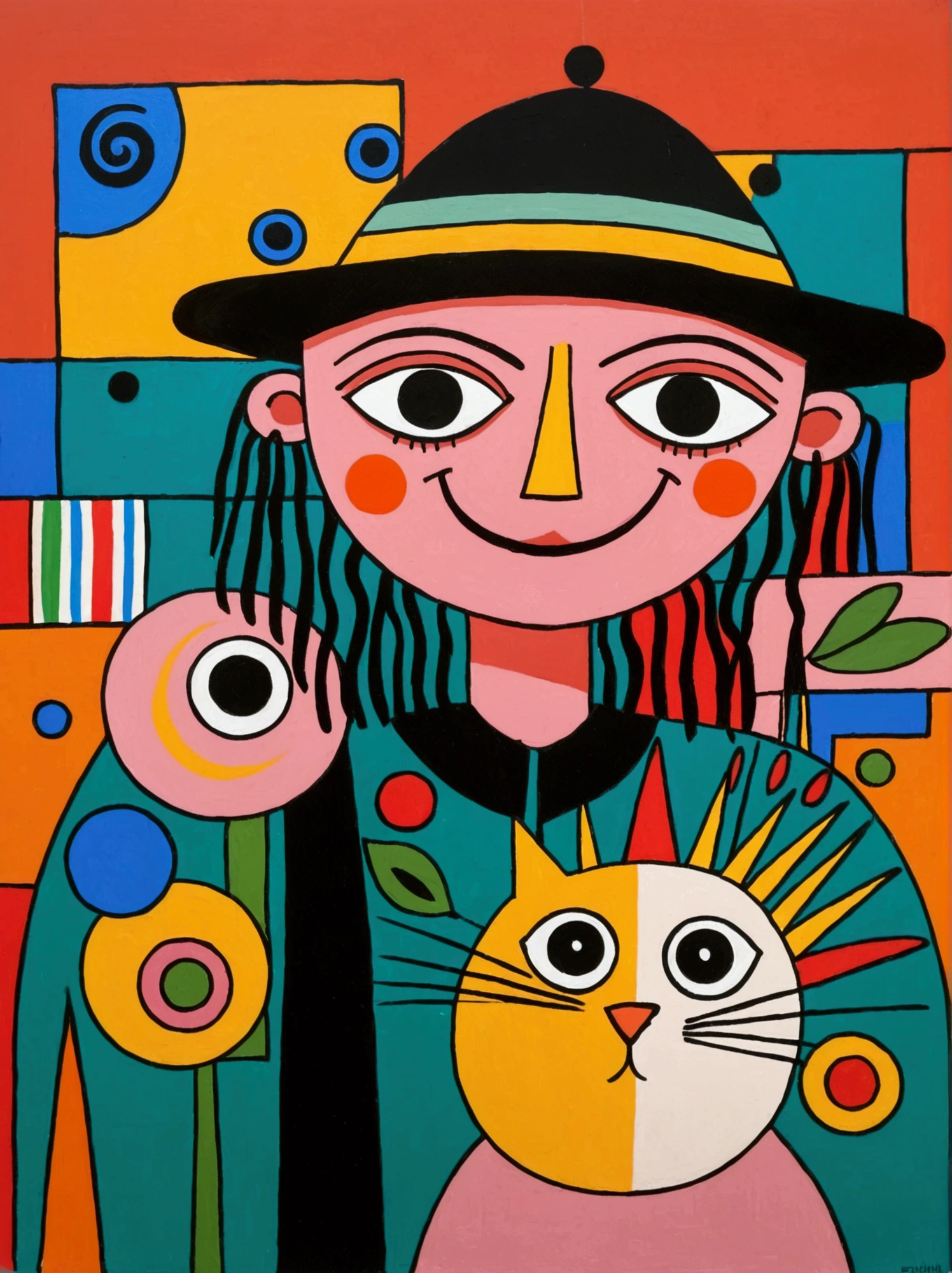 in the style of Thierry Noir（artist），
a painting with a funny looking cat with a hat holding a red bird , in the style of de stijl, playful cartoons, monumental figures, vivid birdlife, maquette, fine lines, childlike innocence 