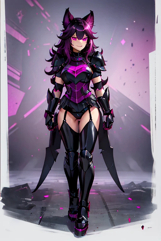 female, black long hair with magenta highlights, silver eyes, black wolf ears, black wolf tail, (((1girl))), (((black and magenta armor))), (black mechanical gauntlets), (black mechanical boots), (black and magenta wolf shaped helmet), cute and sexy, full body, big breasts, long legs, smiling