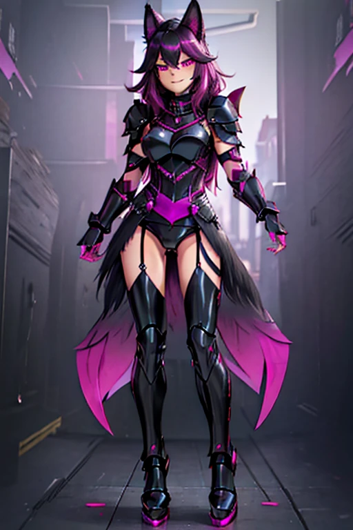 female, black long hair with magenta highlights, silver eyes, black wolf ears, black wolf tail, (((1girl))), (((black and magenta armor))), (black mechanical gauntlets), (black mechanical boots), (black and magenta wolf shaped helmet), cute and sexy, full body, big breasts, long legs, smiling