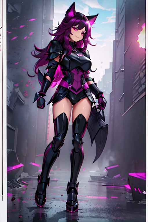 female, black long hair with magenta highlights, silver eyes, black wolf ears, black wolf tail, (((1girl))), (((black and magenta armor))), (black mechanical gauntlets), (black mechanical boots), (black and magenta wolf shaped helmet), cute and sexy, full body, big breasts, long legs, smiling