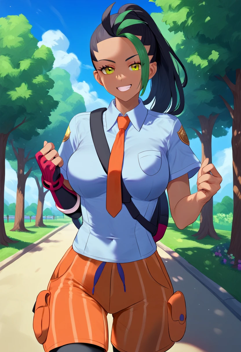 (masterpiece), (Best quality), (Very detailed), (high resolution), (8Khighres), (cel anime), (detailed beautiful face and eyes), (textile shading), (cowboy shot), (Park), Nemona \(Pokemon\), black hair, green hair, orange eyes, dark skin, multicolored hair, two-tone hair, hair pulled back, collared shirt, fingerless gloves, orange shorts, orange tie, backpack, beautiful breasts, happy, smile, running,,