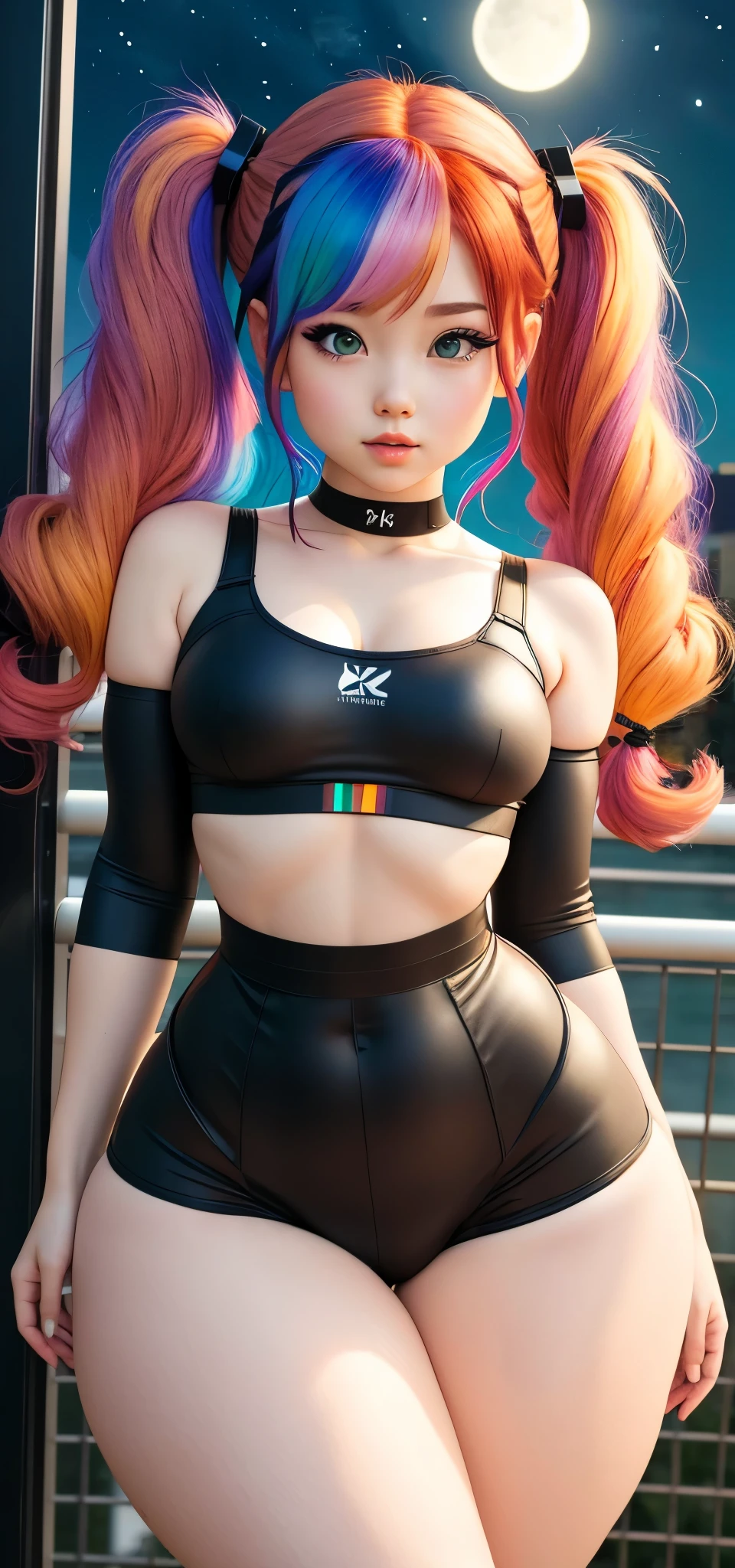 Woman body defined thick thighs cybernetic body parts, short underwear, showing ass, cute redhead 1 girl in twin tails, ((perfect female body)), (cute face make up), multiple (rainbow colored hair: 1.2), happy, Ukrainian, (petite body), ((small hips)), pale white skin, (night time:1.2), photo realistic,huge thighs, huge ass,small boobs, small waist ,rule of thirds 