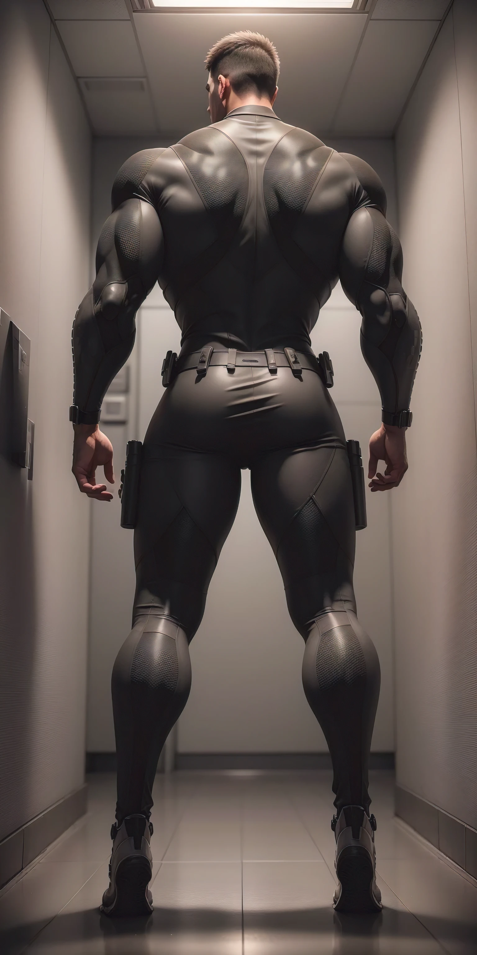 Tall giant muscular police officer back view.,Silver gray khaki camouflage wetsuit,Stick to the wall and hug the wall,Straighten your hips,character idea(Resident Evil - chris redfield,chris redfield)senior police officer,身穿Silver gray khaki camouflage wetsuit,matte texture,regular symmetrical texture pattern,Standing in the dark sugar cane jungle, The body is wrapped in thick rattan,sad expression,Deep and charming eyes,Emerald Pupil Hero,heroic male pose,高大burly,muscular!Charming leg muscles,High, burly, Heqiang, 身穿Silver gray khaki camouflage wetsuit, Super gain and cool, high resolution committee, Big feet in black boots,Charming strong man,The bright sunshine is shining on you,matte particles,shiny texture