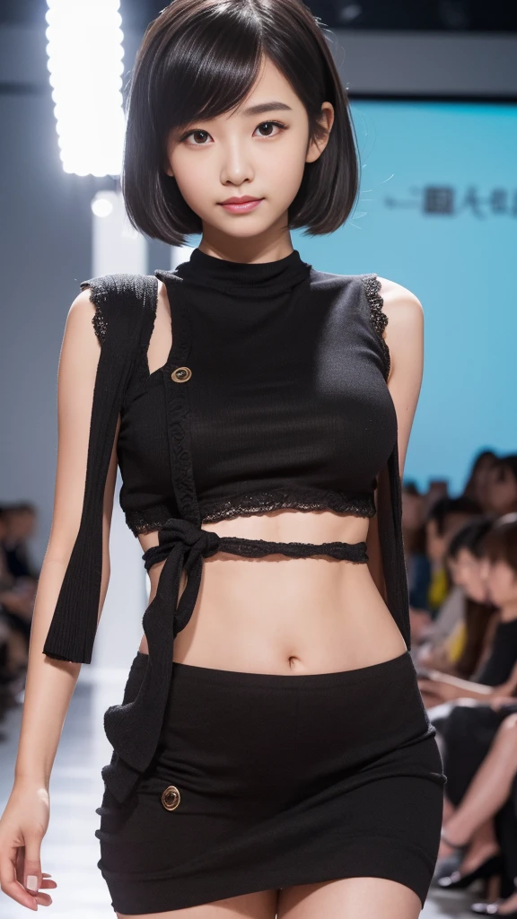 （Highly detailed body，Highly detailed face，the best quality：1.2） ，a woman with，Look at viewers，（Black bandeau，a black pleated skirt，Black lace collar）(D胸1.4)，（There is no one next to the center of the catwalk in the background：1.4）