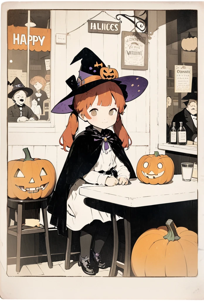 Impressionist-style print of an old street poster celebrating Halloween、(Very old textured poster:1.3)、Henri de Toulouse=By Toulouse-Lautrec、A girl with red hair and twin tails sits on a chair at the counter of a restaurant and drinks juice、The girl is wearing a black witch hat、Black Cape、There is a pumpkin on the counter.。(Write the words Happy Halloween in English on a poster:1.2 )、Chibi