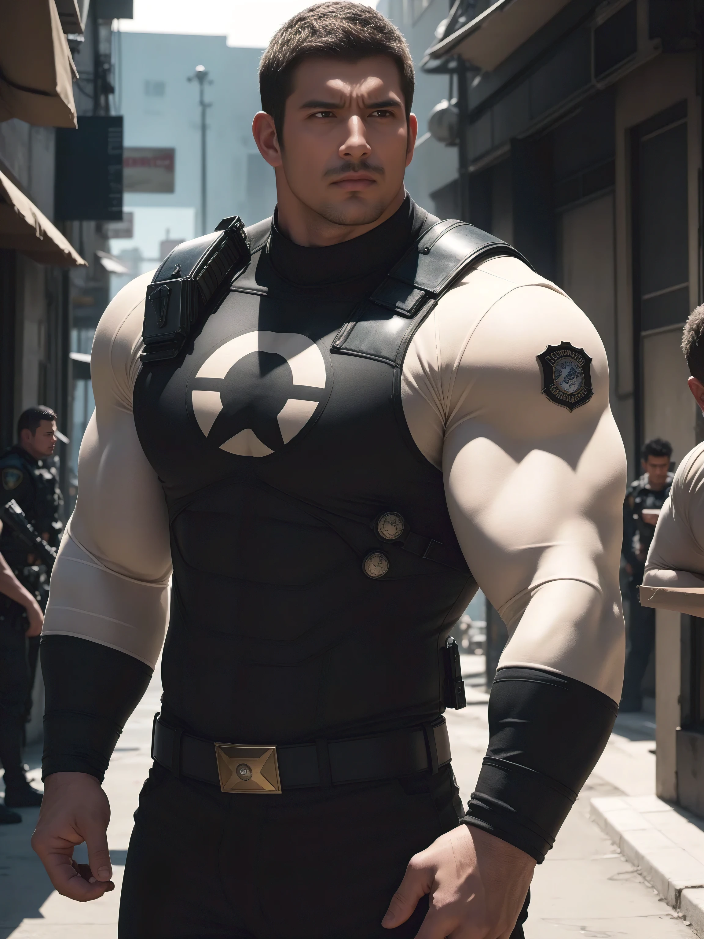 Angry super Muscular man, Flat head,On a vintage outdoor street under the hot sun, Wear the Cream Long Sleeve Superhero Bodysuit, Body wrapped in mud,The clothes are dirty,There are mud stains,The expression is very arrogant, Thick thighs, Messy hair, Thick thighs, High target collar, Long sleeve, Cream Superhero Bodysuit, Very tight, Regular symmetrical pattern, High targetlight muscles, Police uniform pants, Character Concept(Resident Evil - Chris Redfield, Chris Redfield)Proud expression, Deep and charming eyes, Valiant male pose, tall Burly, Muscular!Muscular thighs, Tough Guy, Perfect facial features, High target, Burly, Heqiang, Super exquisite and cool, High target Resolution Committee, Charming, The sun is strong, Dazzling