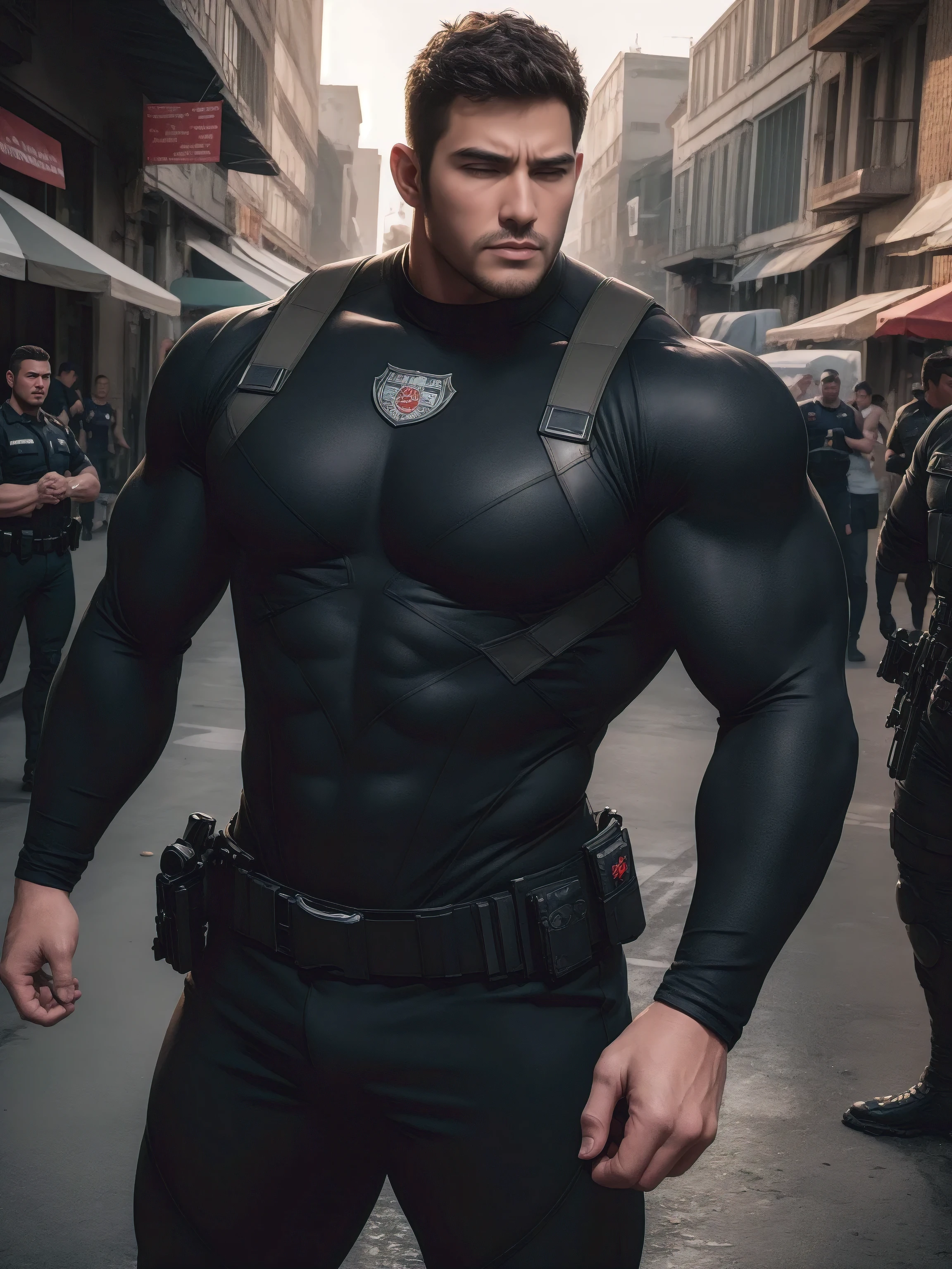 One Tall giant muscular police officer, Chinese police hat, On the outdoor street, Brown skinny T-shirt, The expression is arrogant, Lift your chin, disheveled hair, thick thighs, Brown skinny T-shirt, Very tight, Regular symmetrical pattern, Accentuate muscles, Police uniform pants, character concept(Resident Evil - chris redfield, chris redfield)proud expression, Deep and charming eyes, heroic male pose, tall burly, muscular!muscular thighs, tough guy, perfect facial features, High, burly, Heqiang, Super gain and cool, high resolution committee, Charming strong man, The sun is blazing, Dazzling
