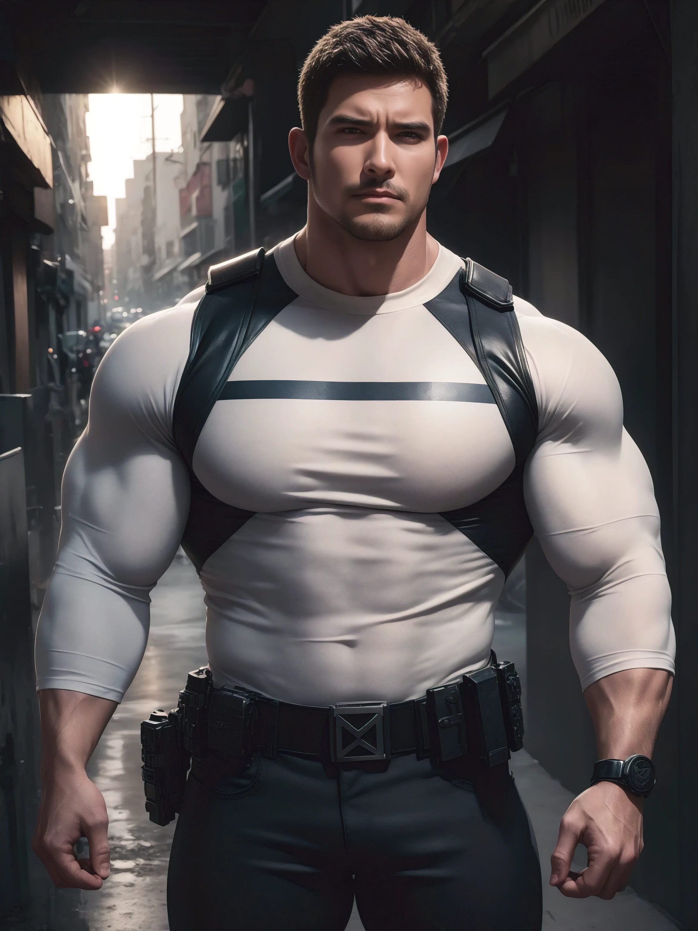 Angry super muscular man, Buzz Cut,On the old-style outdoor street under the hot sun, Wear a long-sleeved cream superhero bodysuit, Thickened warm elastic texture,Clothes are very dirty with mud stains,The expression is arrogant, Thick thighs, Messy hair, Thick thighs, High collar, long sleeve, cream white superhero bodysuit, very tight, Regular symmetrical pattern, Highlight muscles, Police uniform pants, character concept(Resident Evil - Chris Redfield, Chris Redfield)A proud expression, Deep and charming eyes, Heroic male pose, tall Burly, muscular!muscular thighs, tough guy, perfect facial features, High, Burly, Heqiang, Super polished and cool, High Resolution Committee, Charismatic, The sun is blazing, dazzling